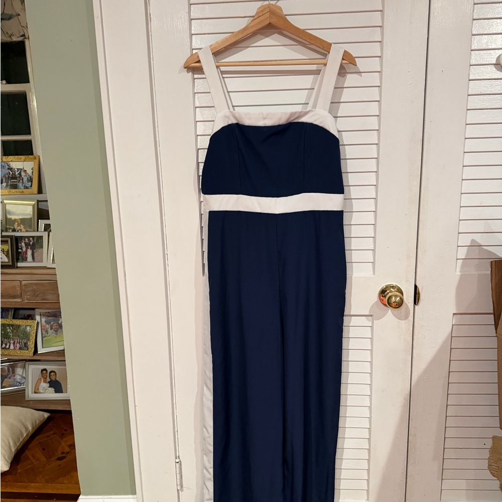 Navy & White Colorblock Wide Leg Jumpsuit | Striped Side | Sleeveless